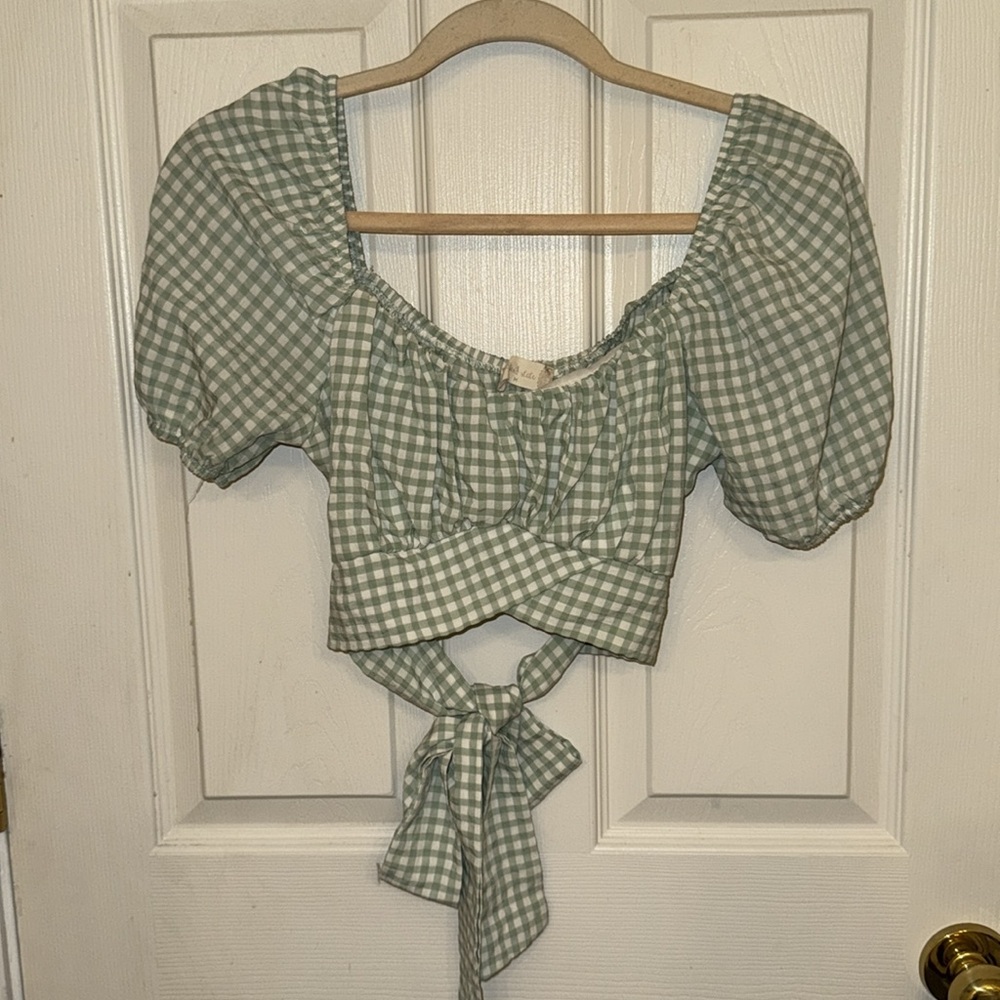 Altar'd State Green Puff Sleeve Smocked Crop Top